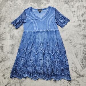 Gretty Zueger Dress Womens XL Blue Lace Knit Mixed Media Short Sleeve Lined Boho